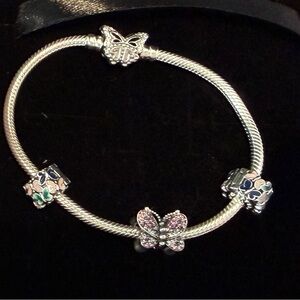 Authentic Pandora Momenta Butterfly Clasp Chain Bracelet with Charms